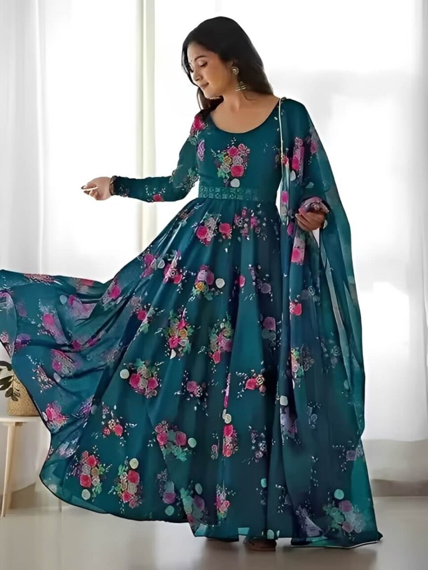 buy poly georgette printed gown for women