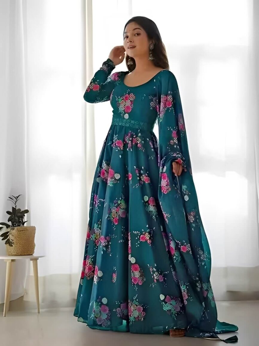buy poly georgette printed gown for women