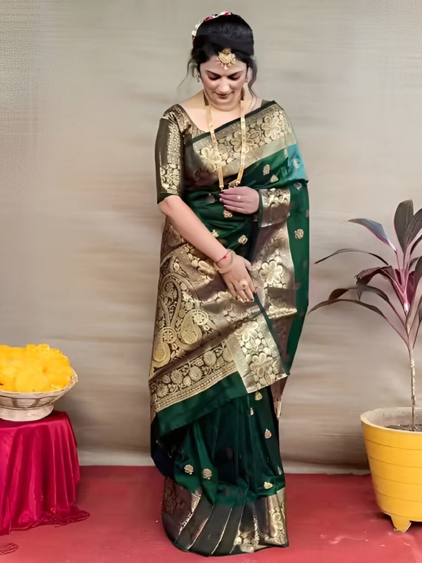 green banarasi silk saree