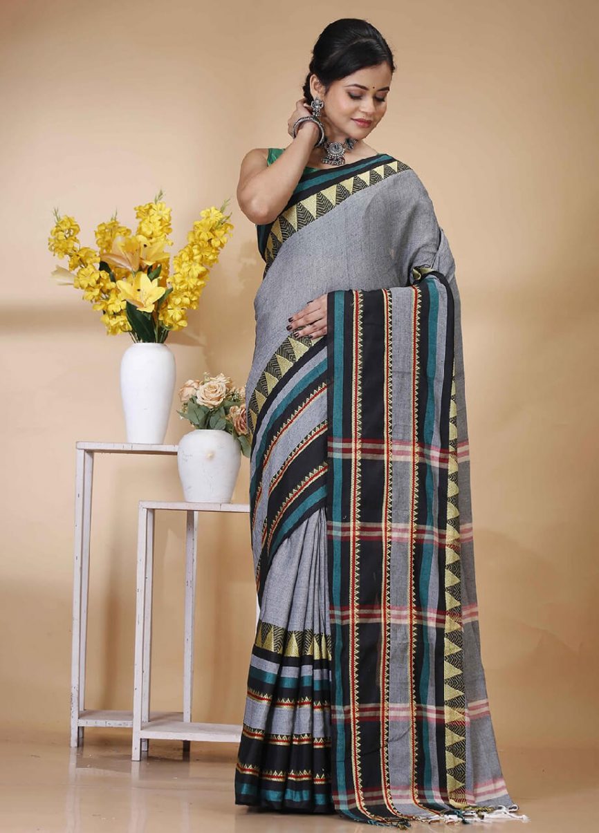 green and grey handloom saree